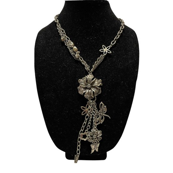silver tone flower floral butterfly chunky Chain Statement Necklace 18-21”L - Picture 1 of 11